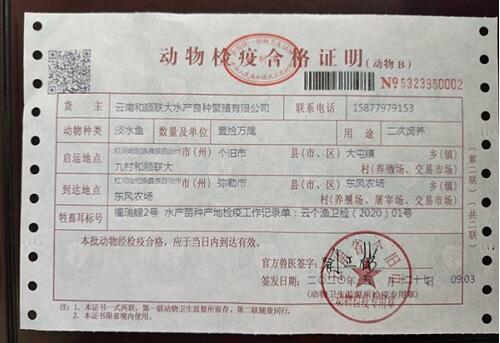 云南红河州发出第一本水产苗种产地检疫合格证